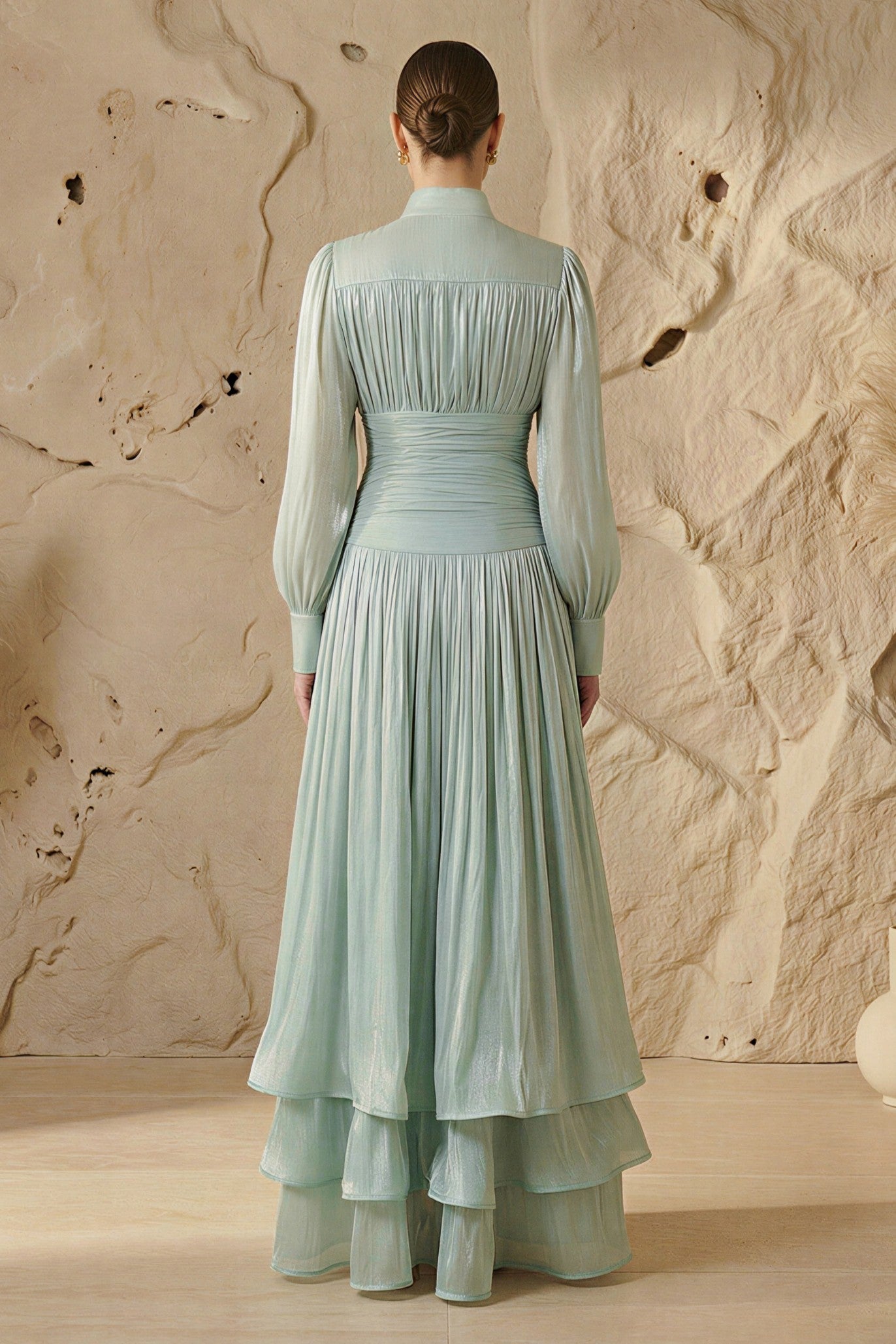 Satin Ruffle Lantern Sleeve Midi Dress
