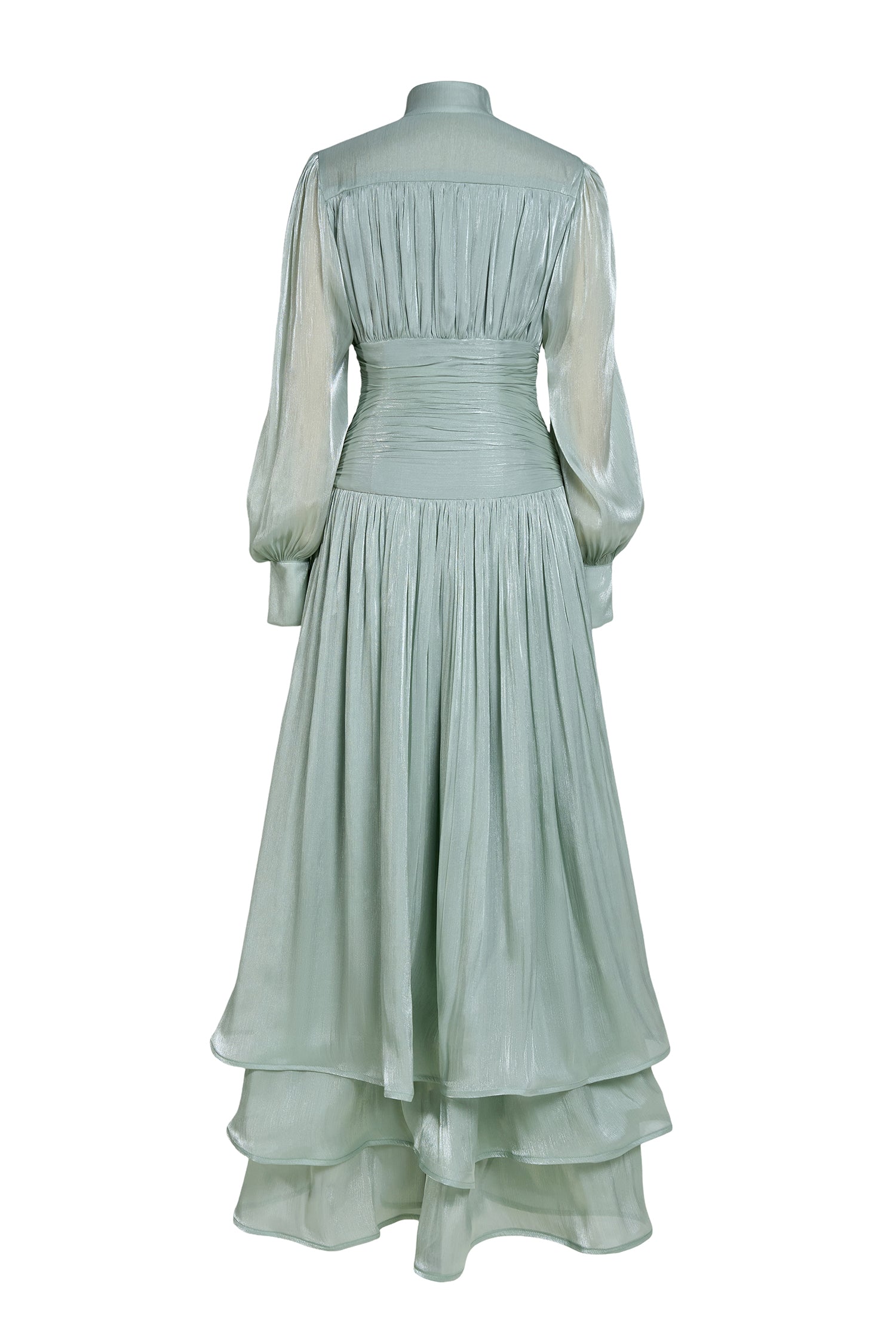 Satin Ruffle Lantern Sleeve Midi Dress