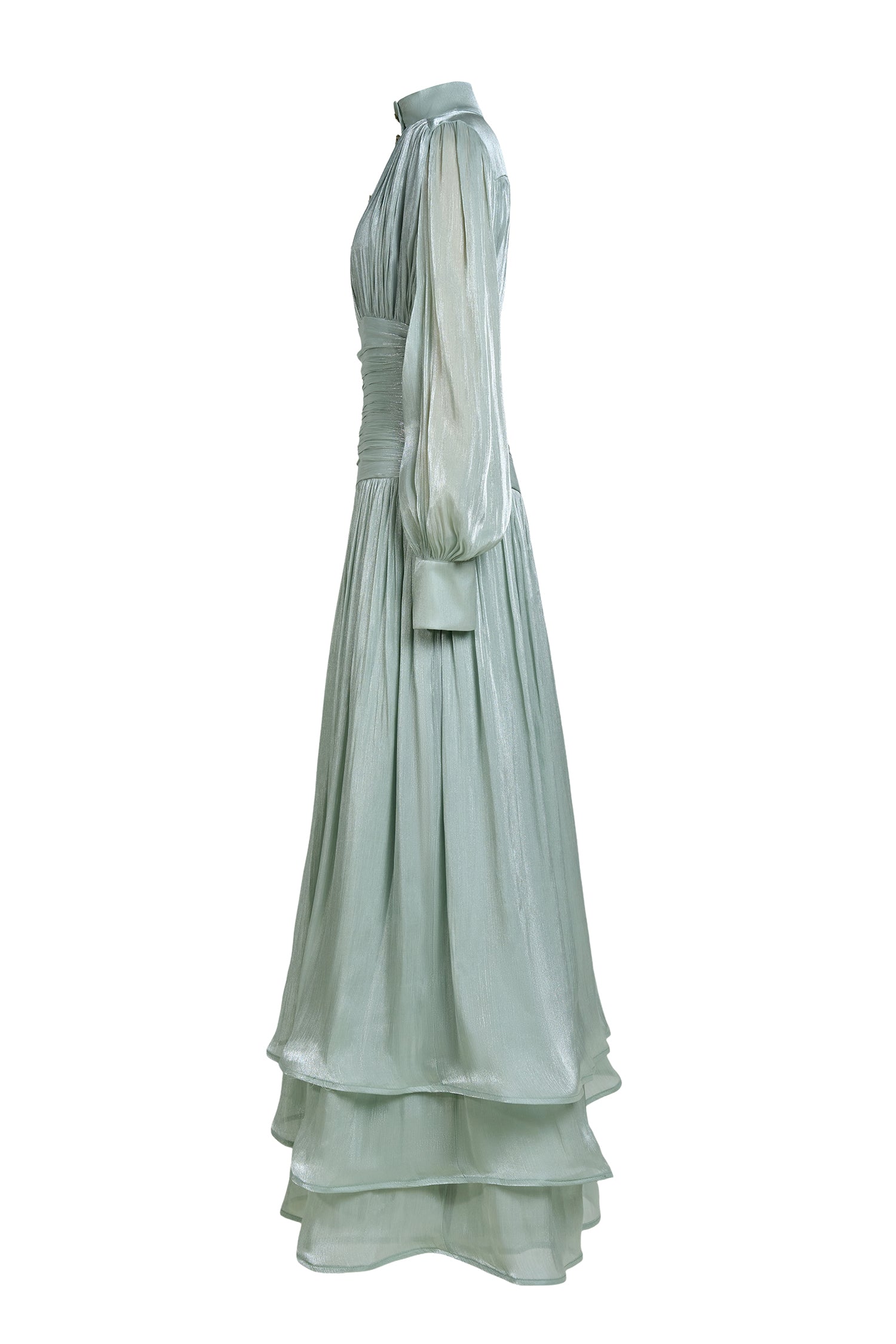 Satin Ruffle Lantern Sleeve Midi Dress