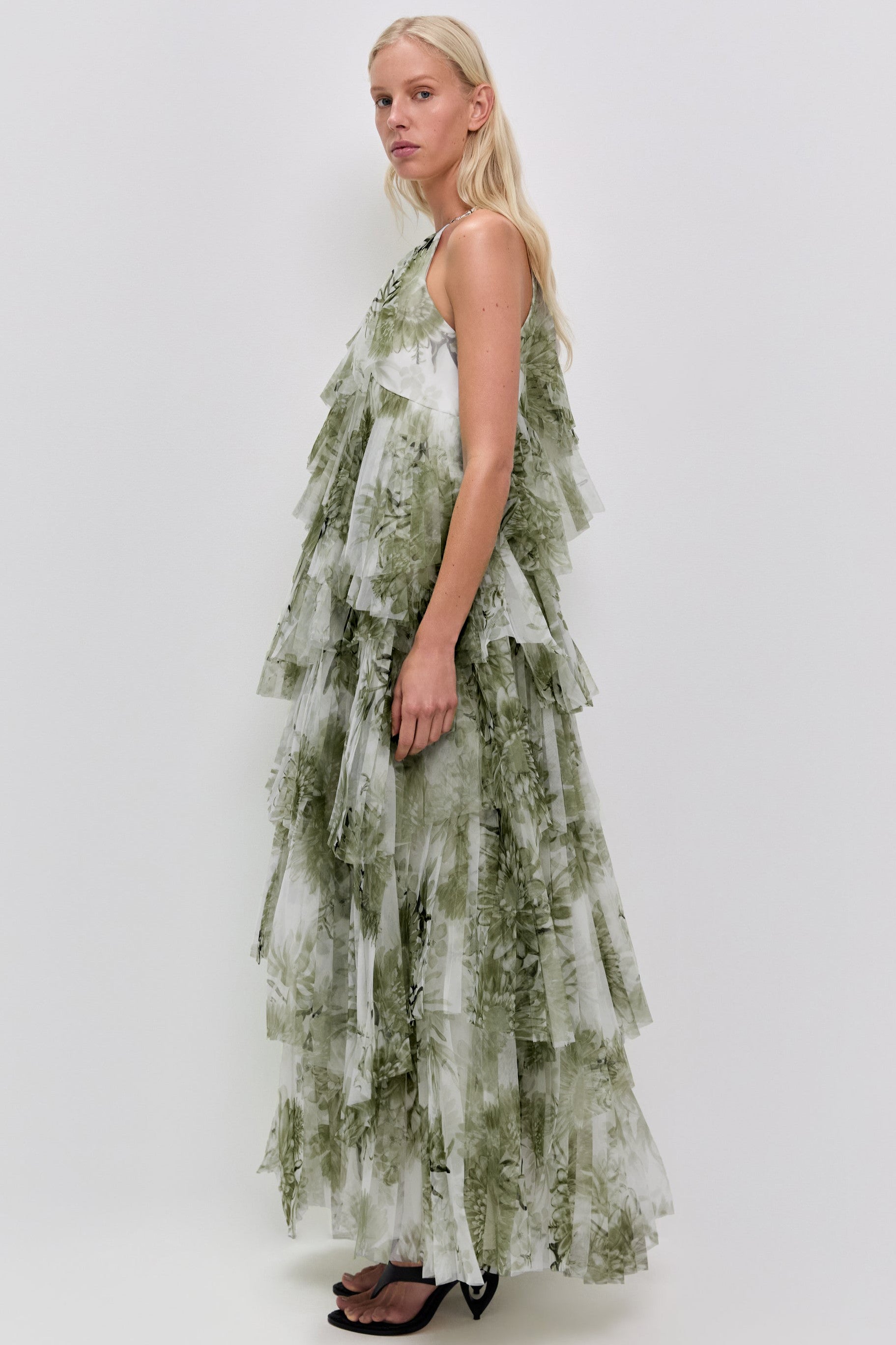 Mesh Floral Ruffle Maxi Dress