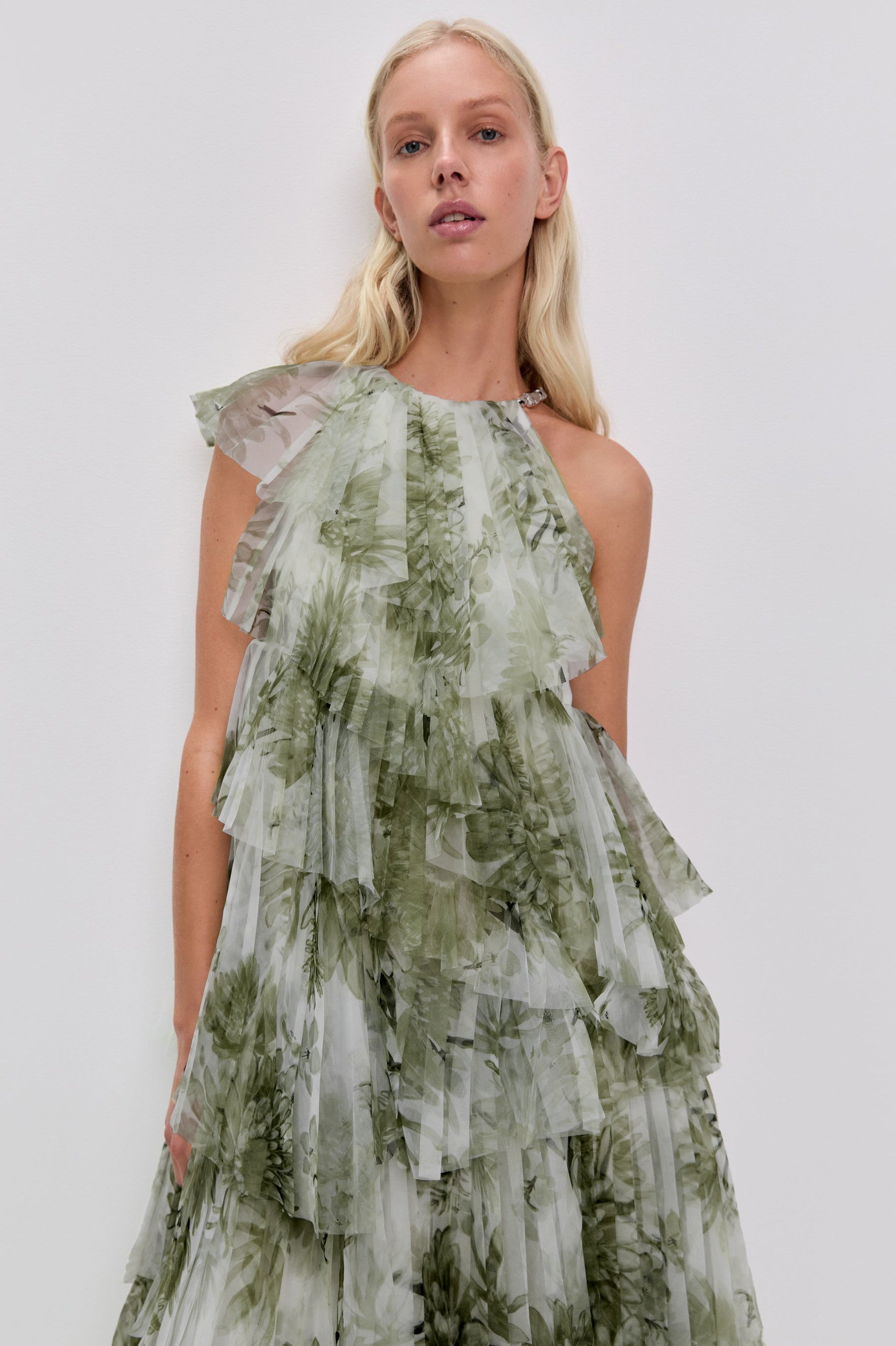 Mesh Floral Ruffle Maxi Dress