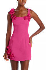 Jersey 3D Flower Square Collar Mini Dress