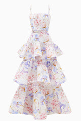 Floral Slip Ruffle Maxi Dress With Belt