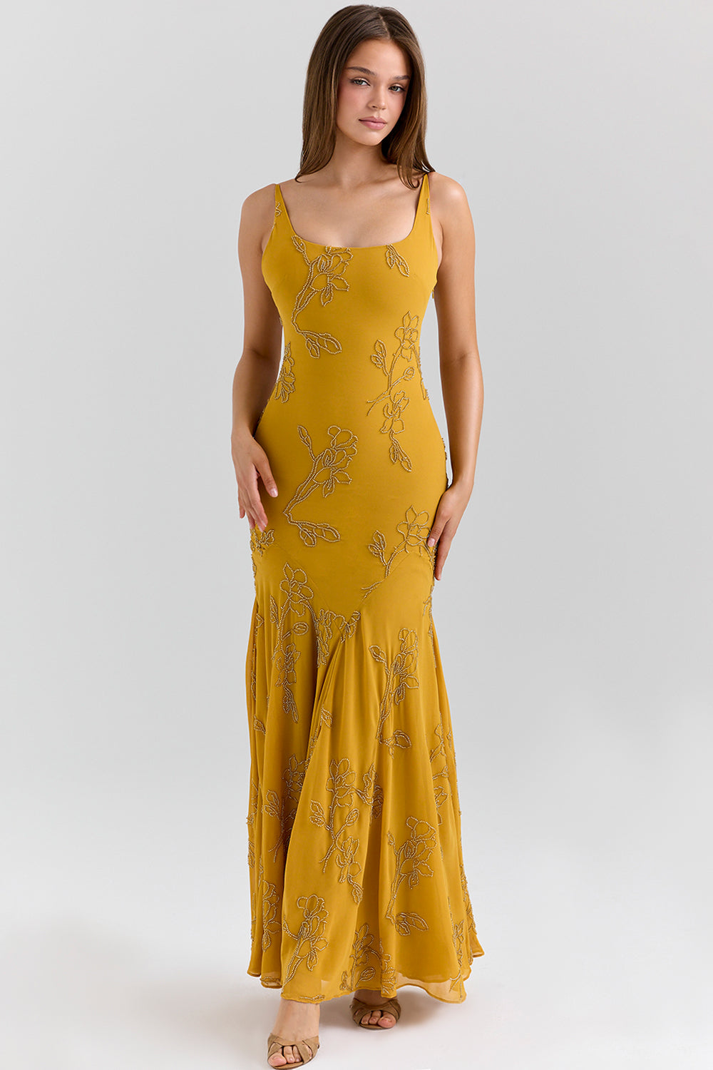 Sequin Embroidered Square Collar Slip Maxi Dress