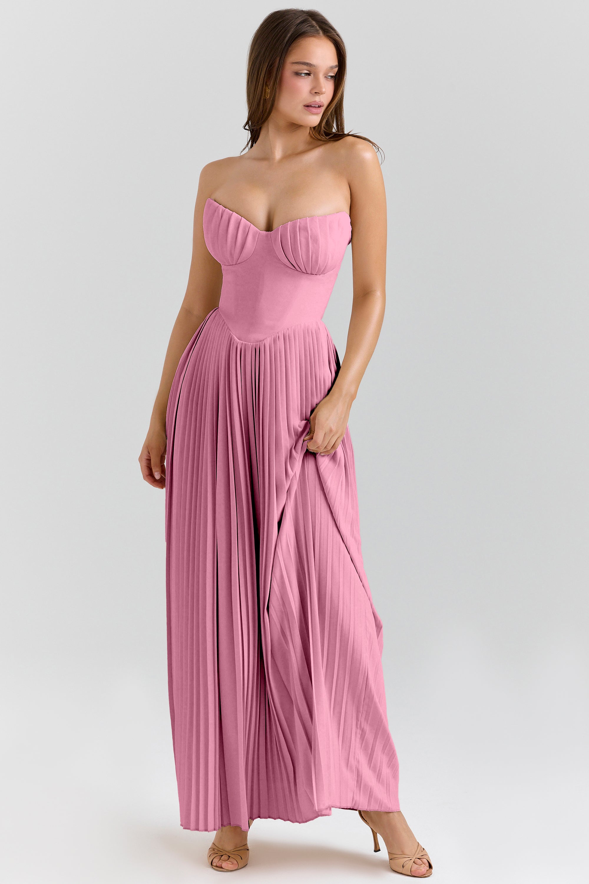 Solid Pleated Off Shoulder Maxi Dress