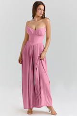 Solid Pleated Off Shoulder Maxi Dress