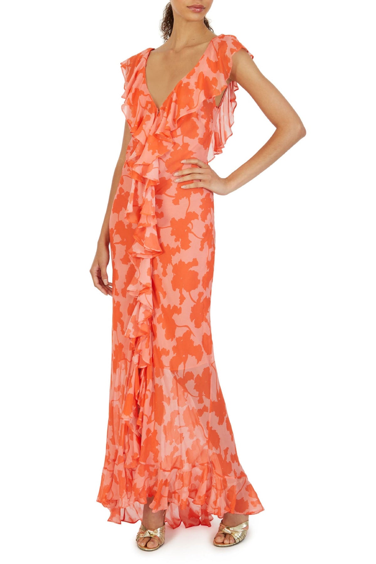 Floral Ruffle V-Neck Midi Dress