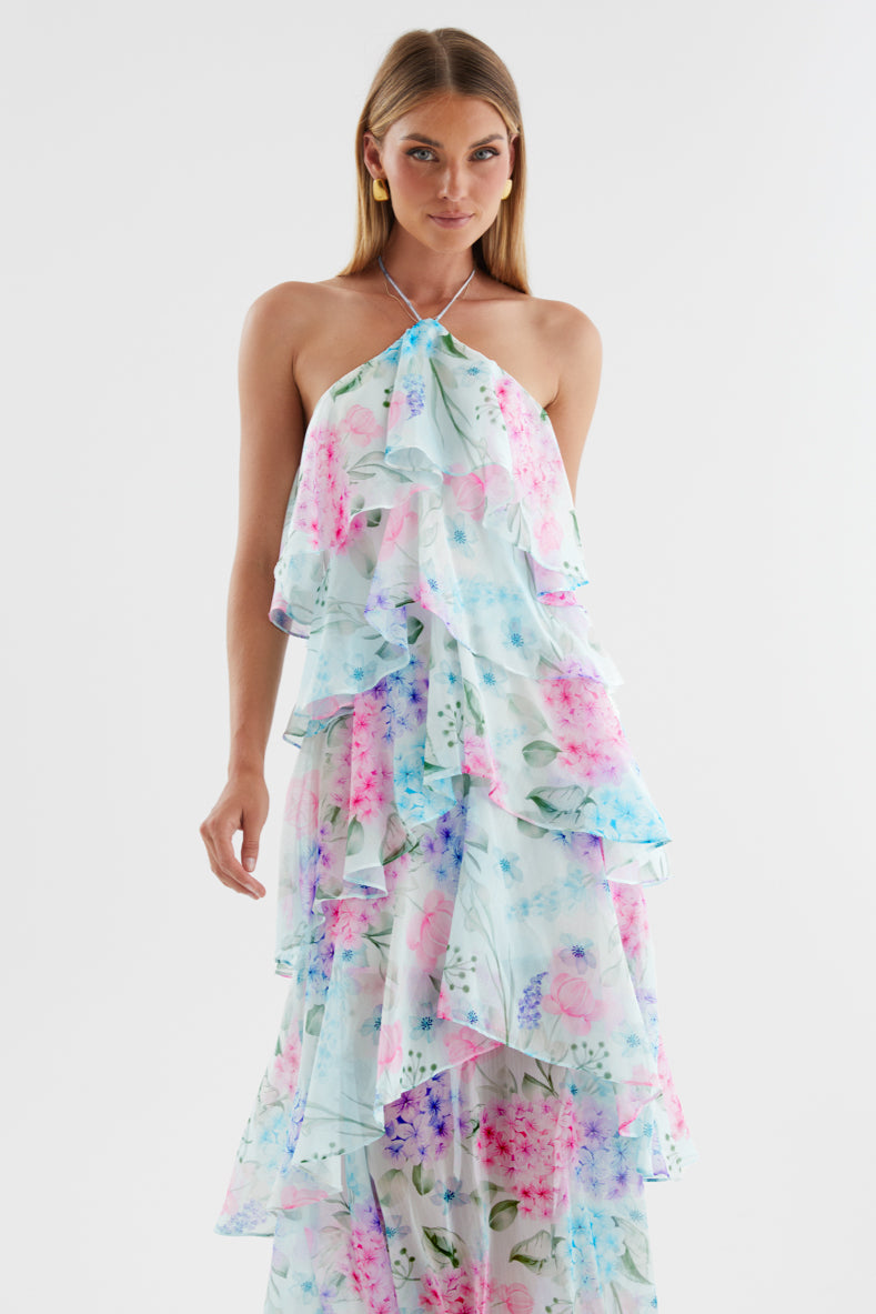 Floral Ruffle Halter Neck Midi Dress