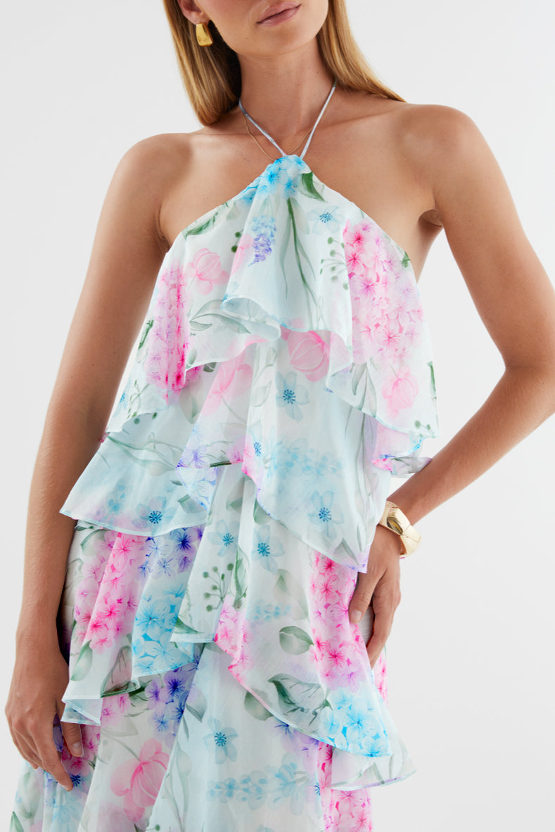 Floral Ruffle Halter Neck Midi Dress