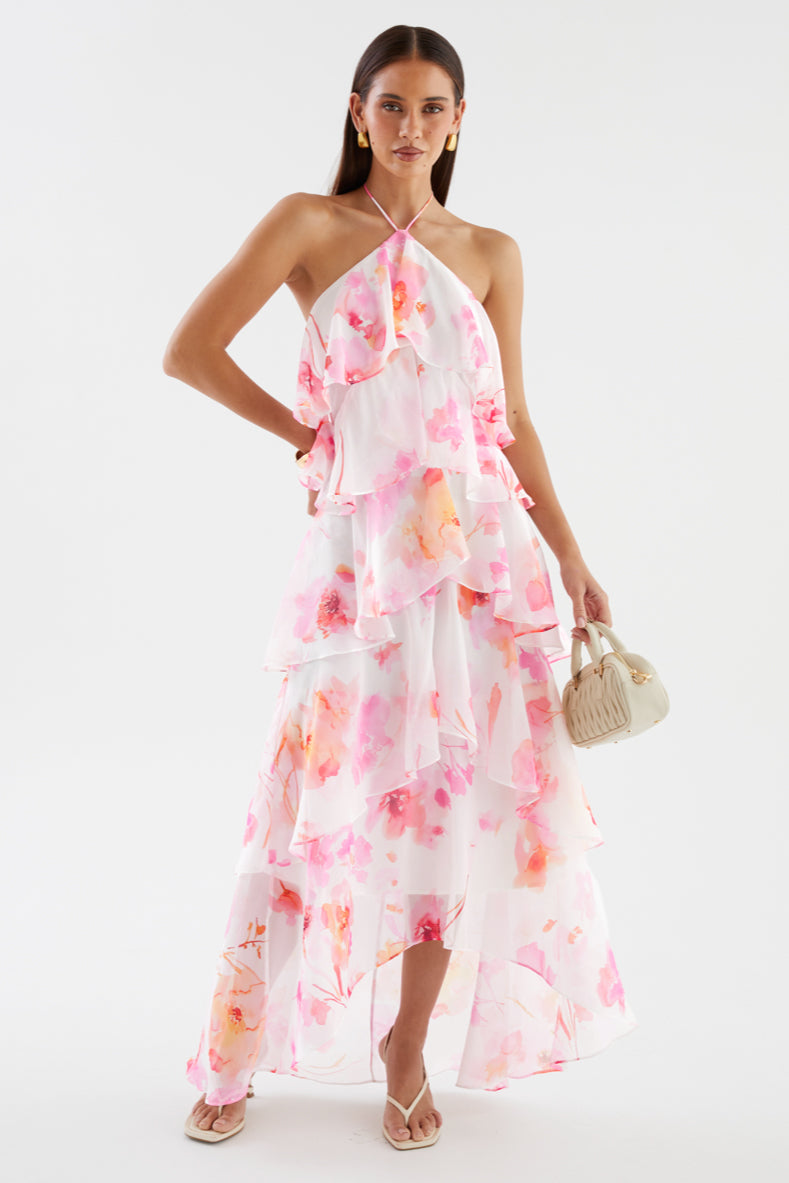 Floral Ruffle Halter Neck Midi Dress