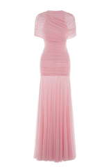 Gathering Solid Cape Sleeve Maxi Dress