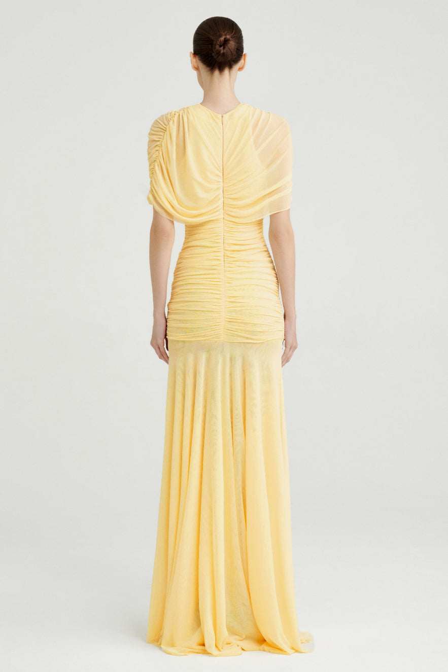Gathering Solid Cape Sleeve Maxi Dress