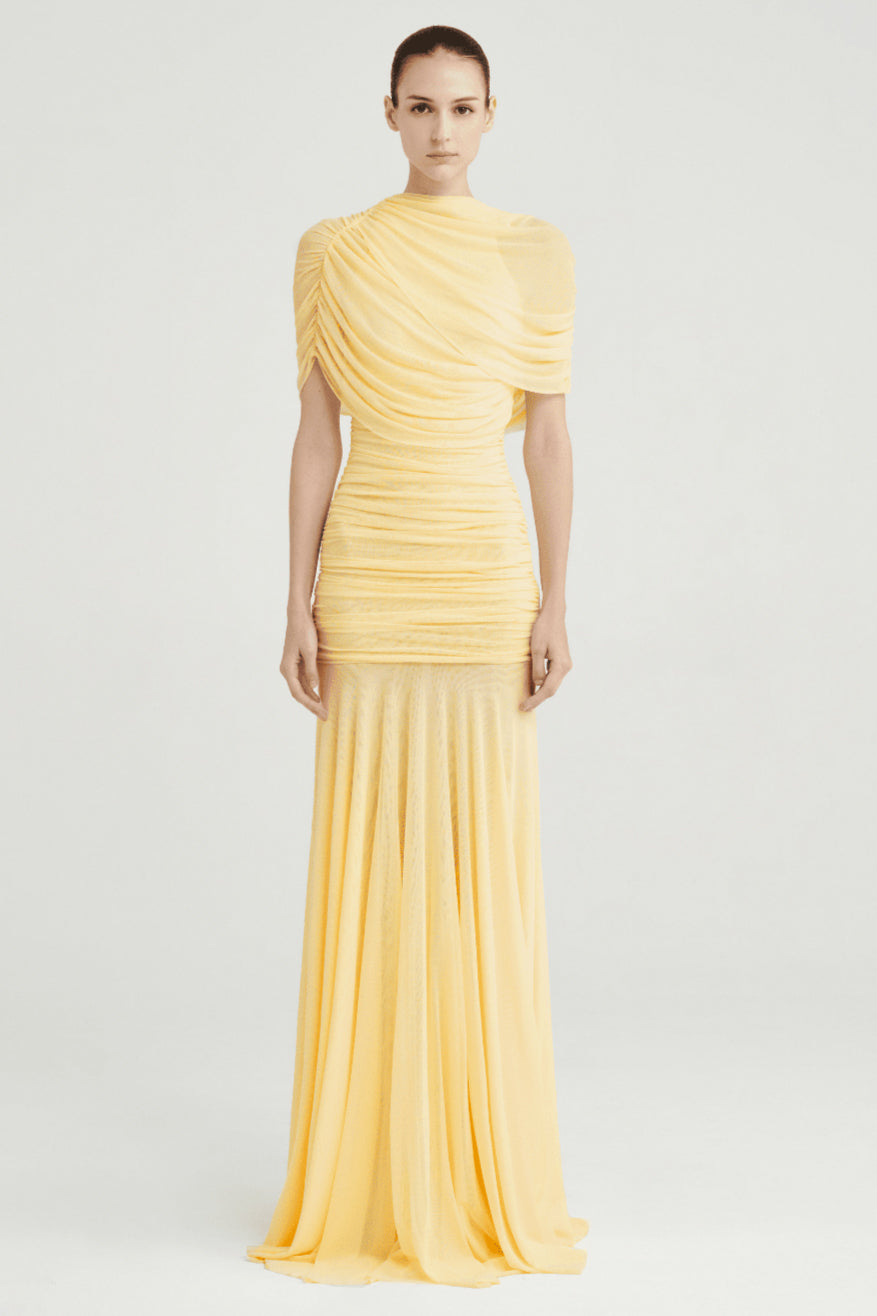 Gathering Solid Cape Sleeve Maxi Dress