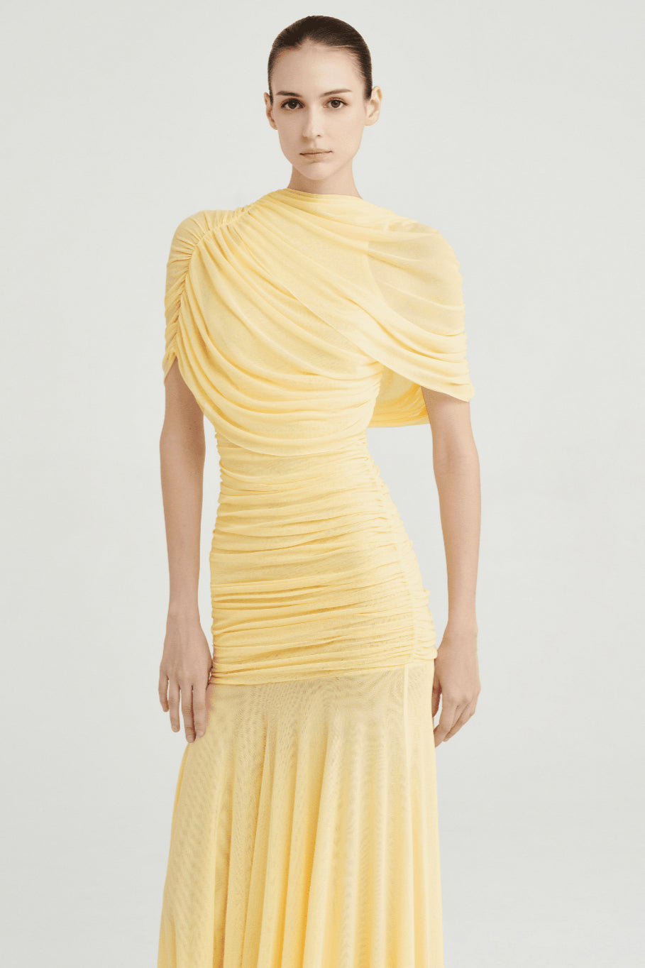 Gathering Solid Cape Sleeve Maxi Dress