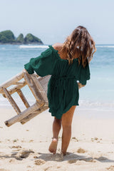 Off-Shoulder Lace Up Puff Sleeve Ruched Mini Dress