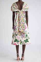 Floral Bow Draped Short Sleeve Midi Dress