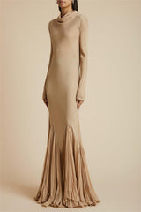 Cowl Neckline Pleat Long Sleeve Maxi Dress
