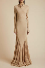 Cowl Neckline Pleat Long Sleeve Maxi Dress