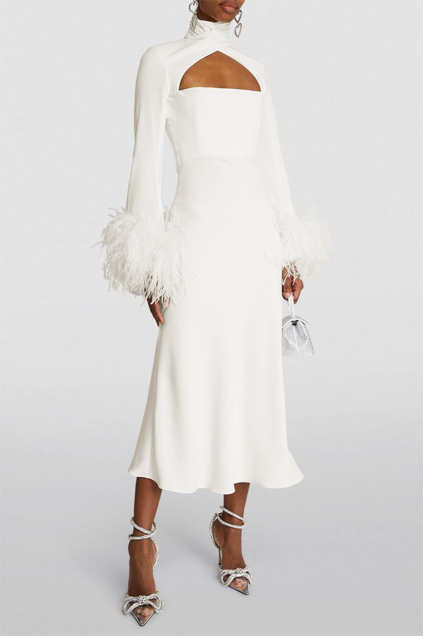 Feather Solid High Neck Midi Dress Black