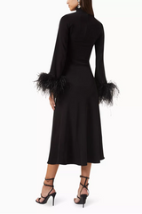 Feather Solid High Neck Midi Dress Black