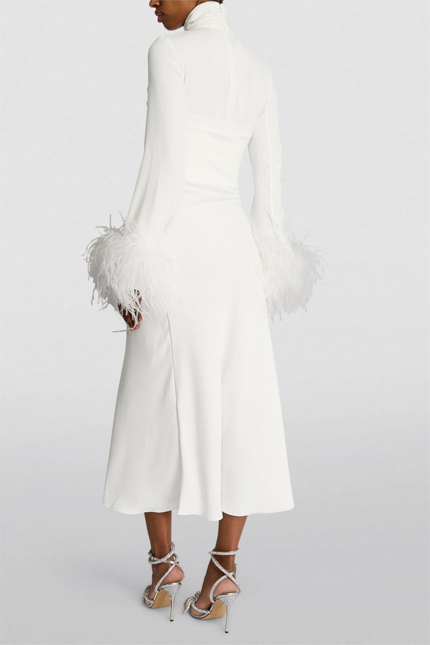 Feather Solid High Neck Midi Dress Black