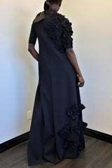 3D Flower Lace Up Mid Sleeve Maxi Dress