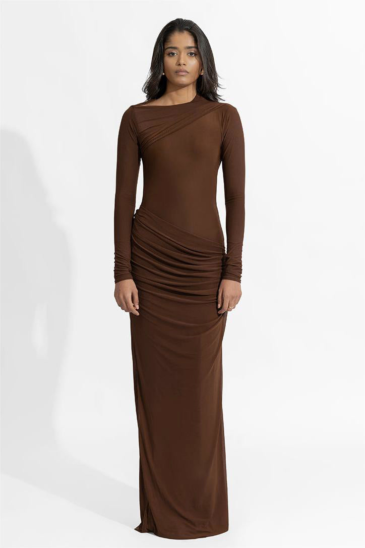 Solid Gathering Long Sleeve Maxi Dress