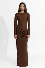 Solid Gathering Long Sleeve Maxi Dress