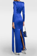 Satin Solid Long Sleeve Midi Dress