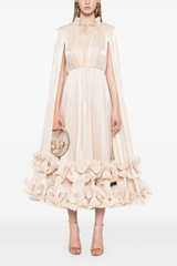 Satin Deep V-Neck Cape Sleeve Midi Dress