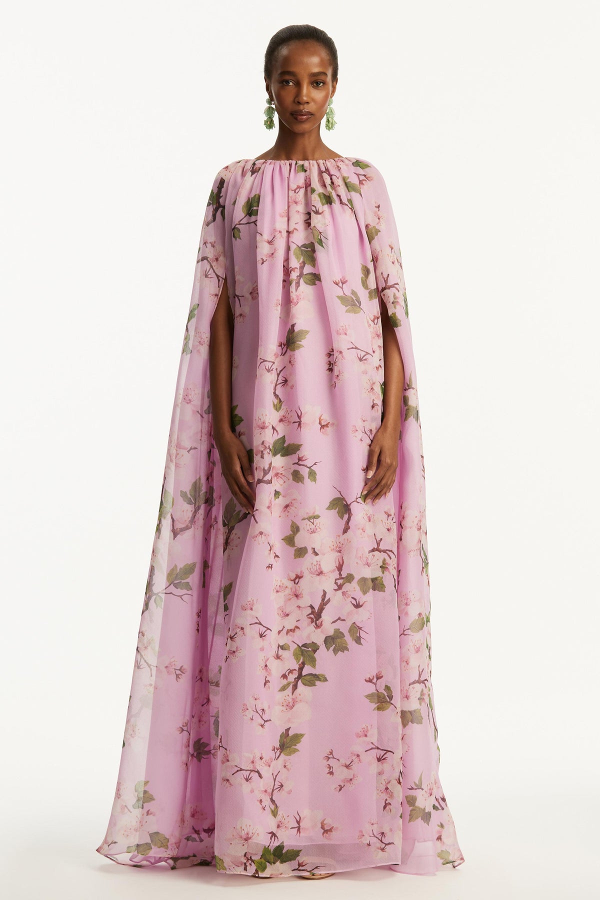Floral Gathering Cape Sleeve Maxi Dress