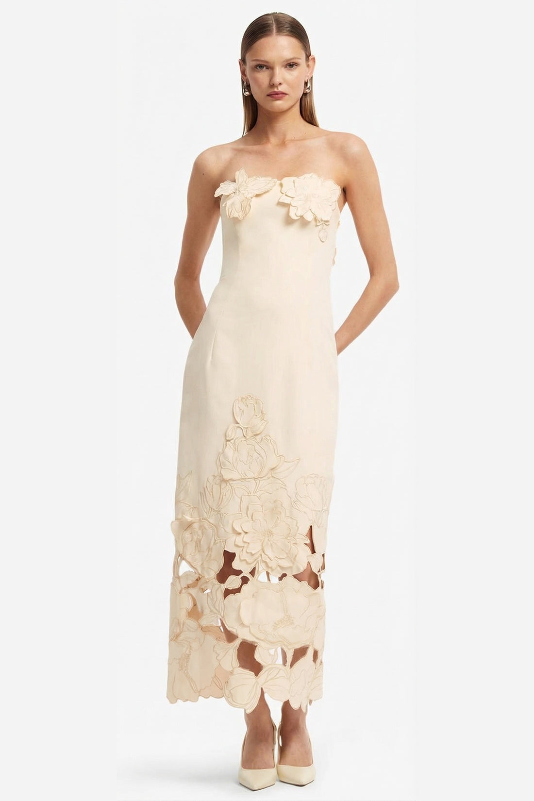 Off-Shoulder Floral Appliquéd Midi Dress