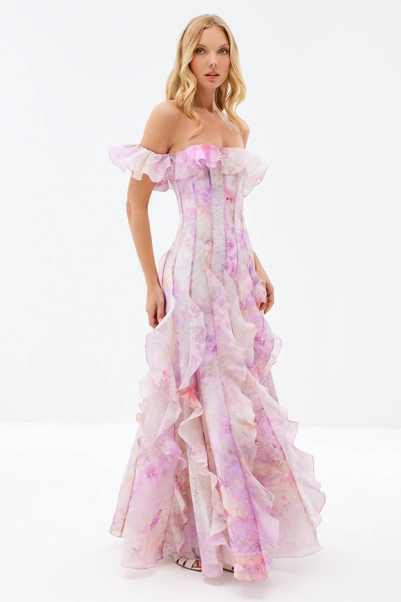 Floral Frill Off-Shoulder Maxi Dress