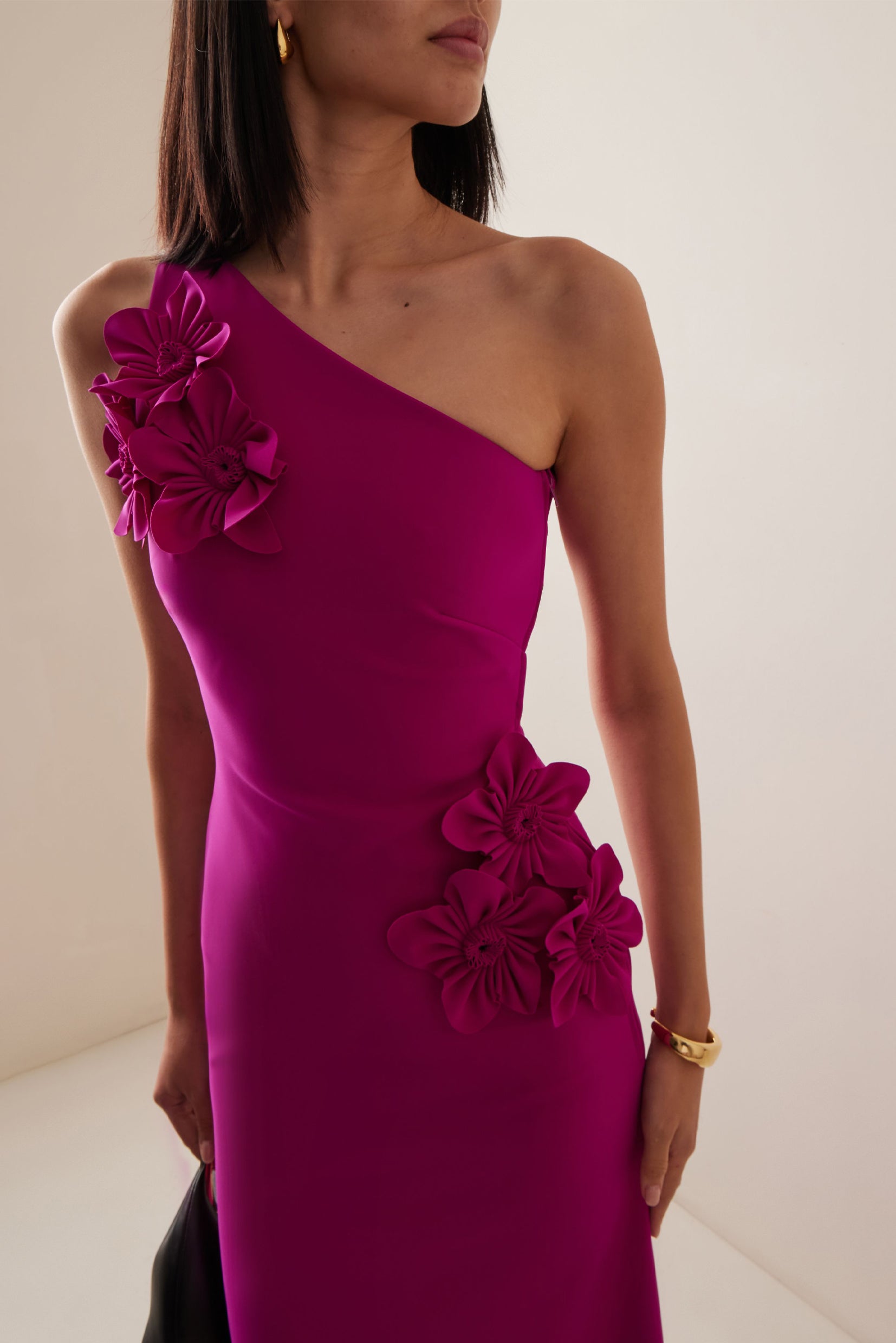 Solid 3D Flower Skew Collar Maxi Dress