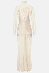 Lace Splicing Satin High Neck Maxi Dress