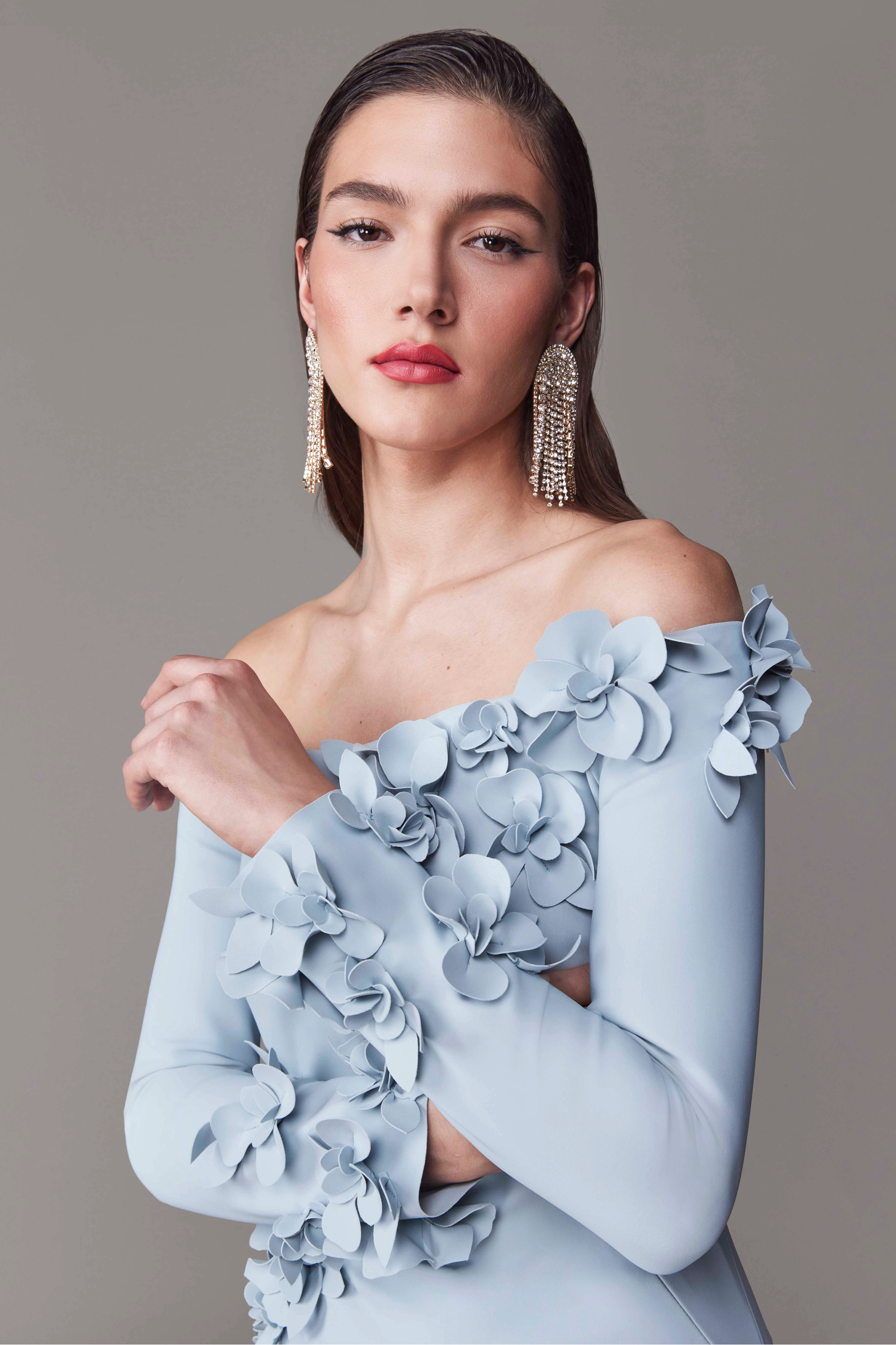 3D Flower Off-Shoulder Solid Maxi Dress
