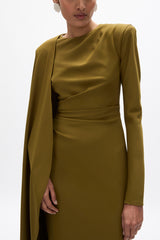 Pleated Round Neck Cape Maxi Dress