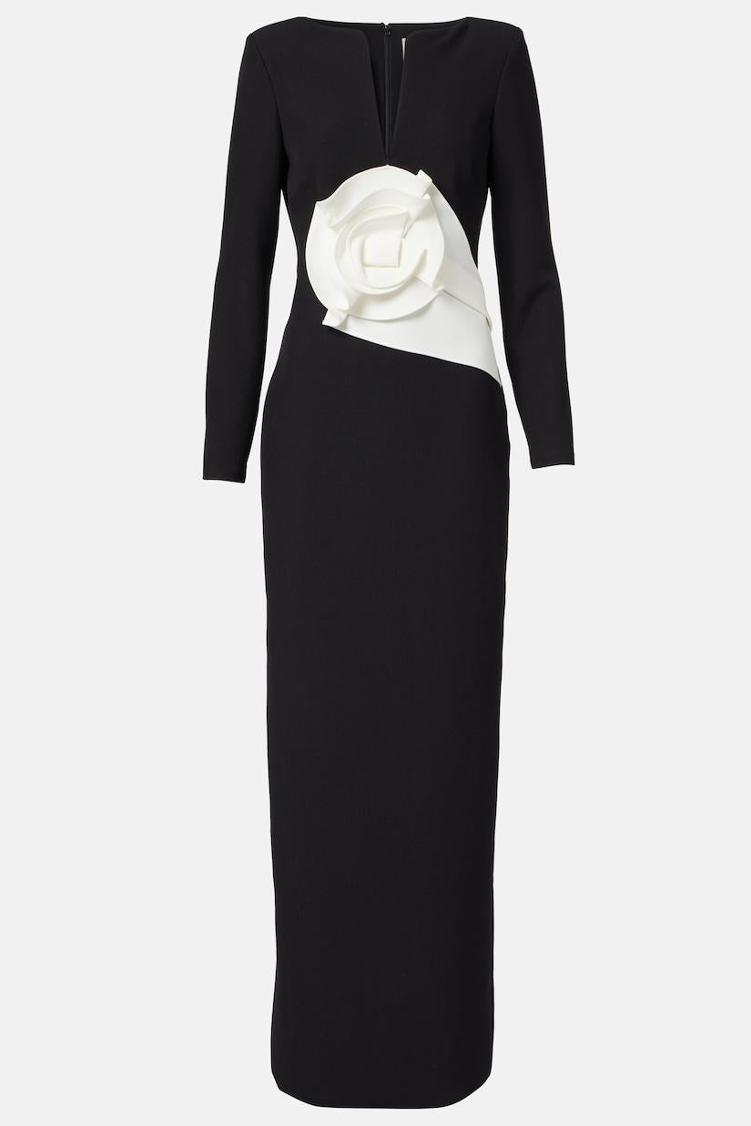 3D Flower Solid Long Sleeve Maxi Dress
