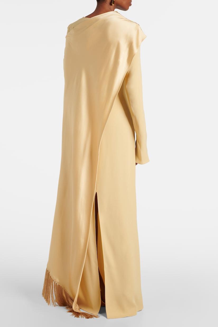 Solid Long Sleeve Maxi Dress With Tassel Cape