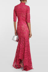 Lace Stand Collar Mid Sleeve Midi Dress