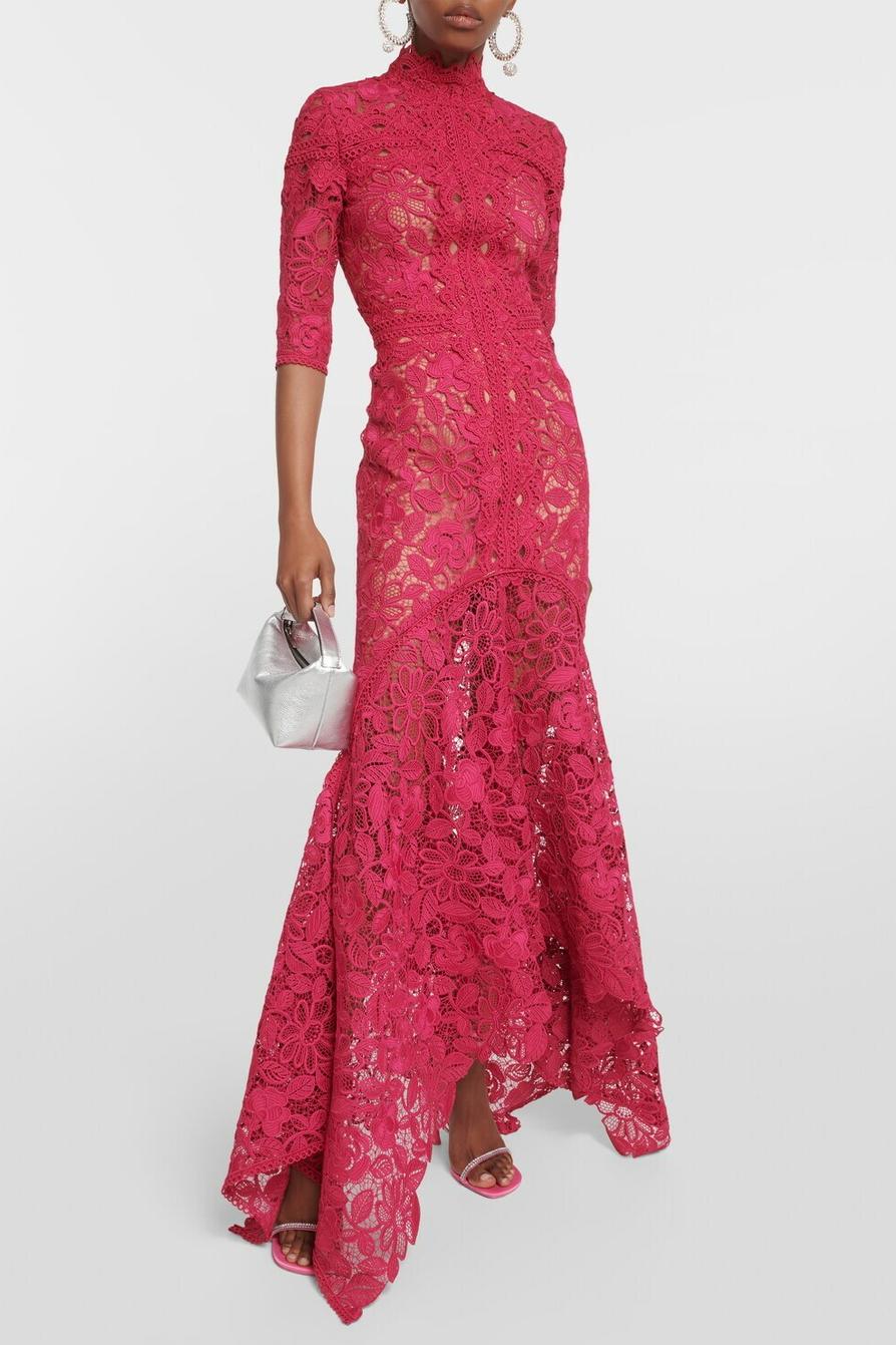Lace Stand Collar Mid Sleeve Midi Dress