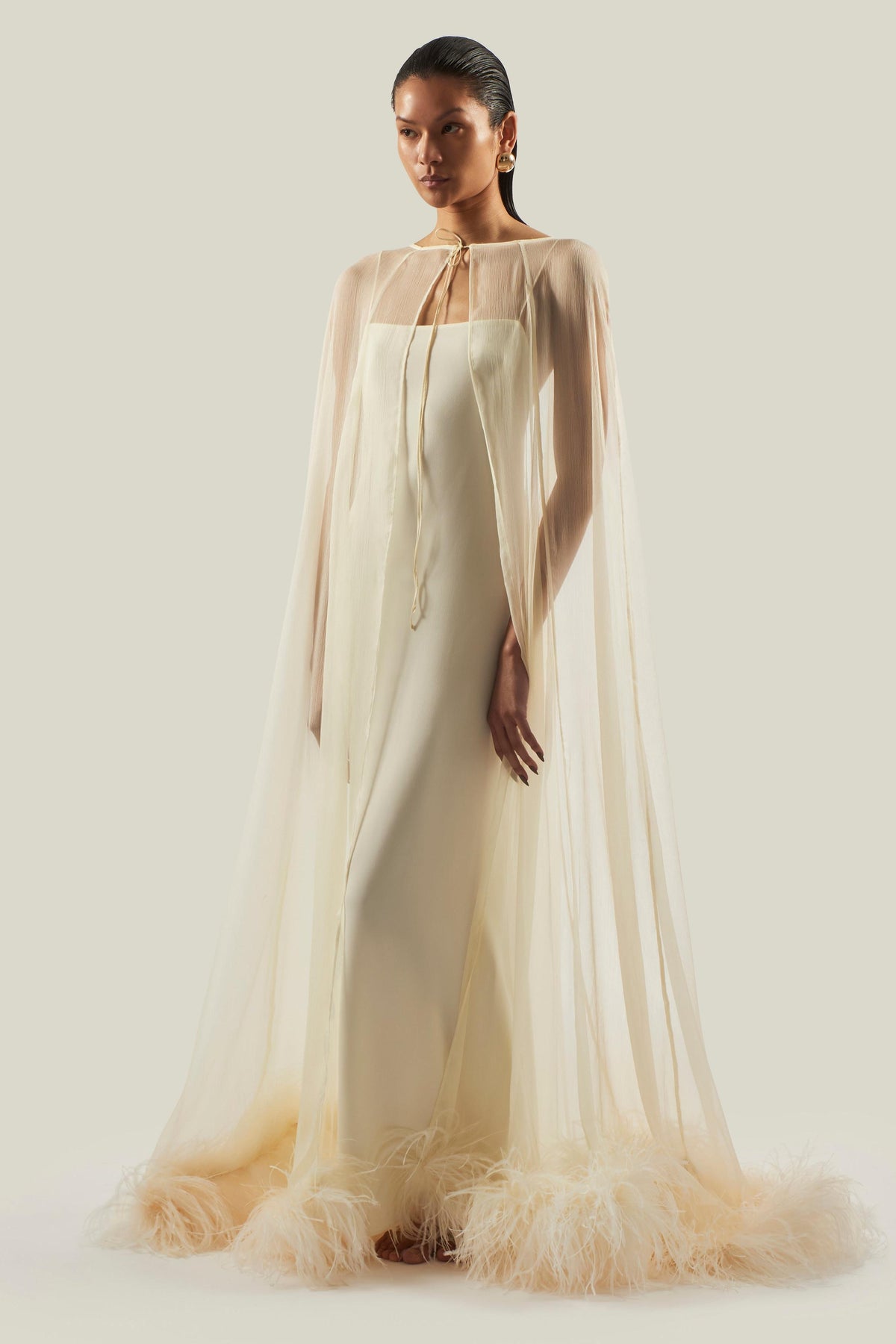 Slip Satin Maxi Dress With Ostrich Feather Cape