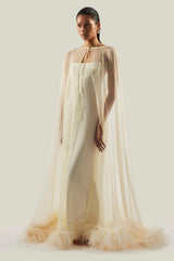 Slip Satin Maxi Dress With Ostrich Feather Cape