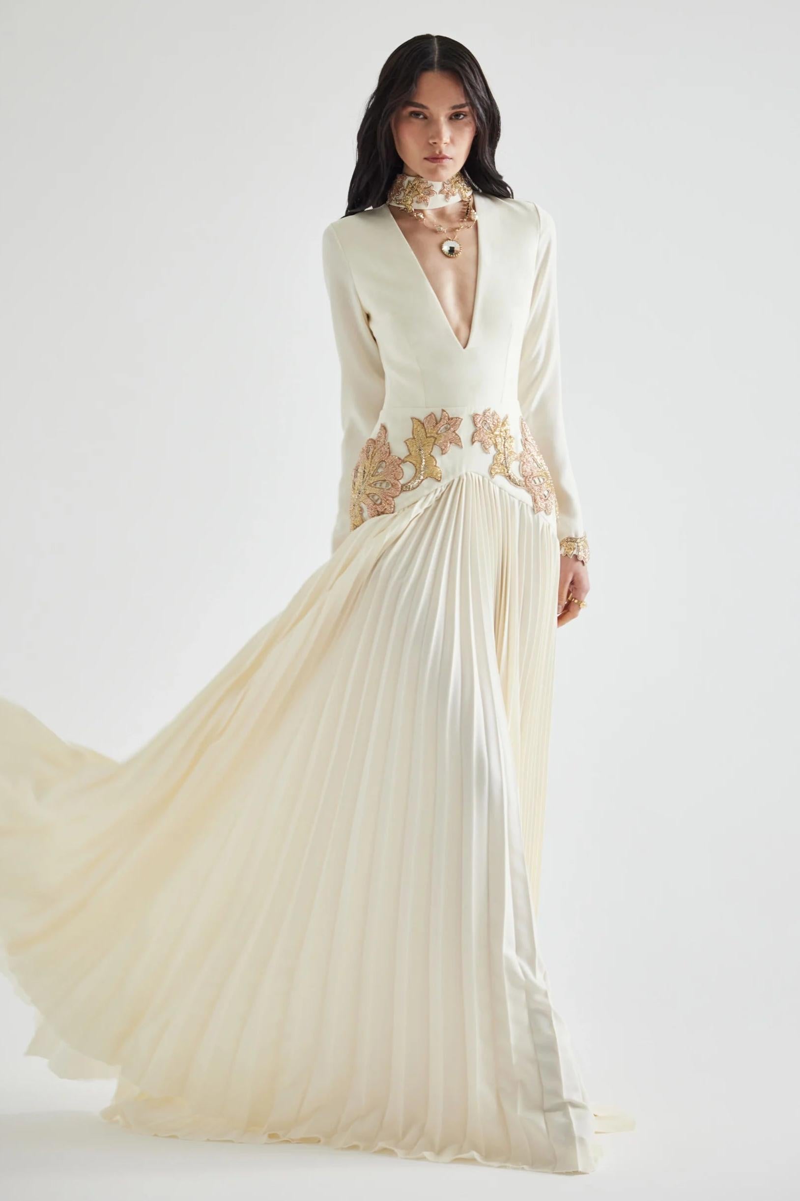 Appliquéd V-Neck Pleated Maxi Dress
