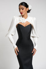 Satin Contrast Color Off-Shoulder 3D Flower Maxi Dress