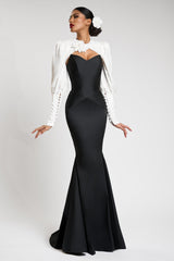 Satin Contrast Color Off-Shoulder 3D Flower Maxi Dress