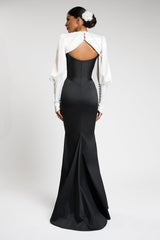 Satin Contrast Color Off-Shoulder 3D Flower Maxi Dress