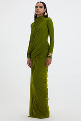 Mesh Gathering Long Sleeve Maxi Dress