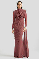 Mesh Gathering Asymmetrical Sleeve Maxi Dress