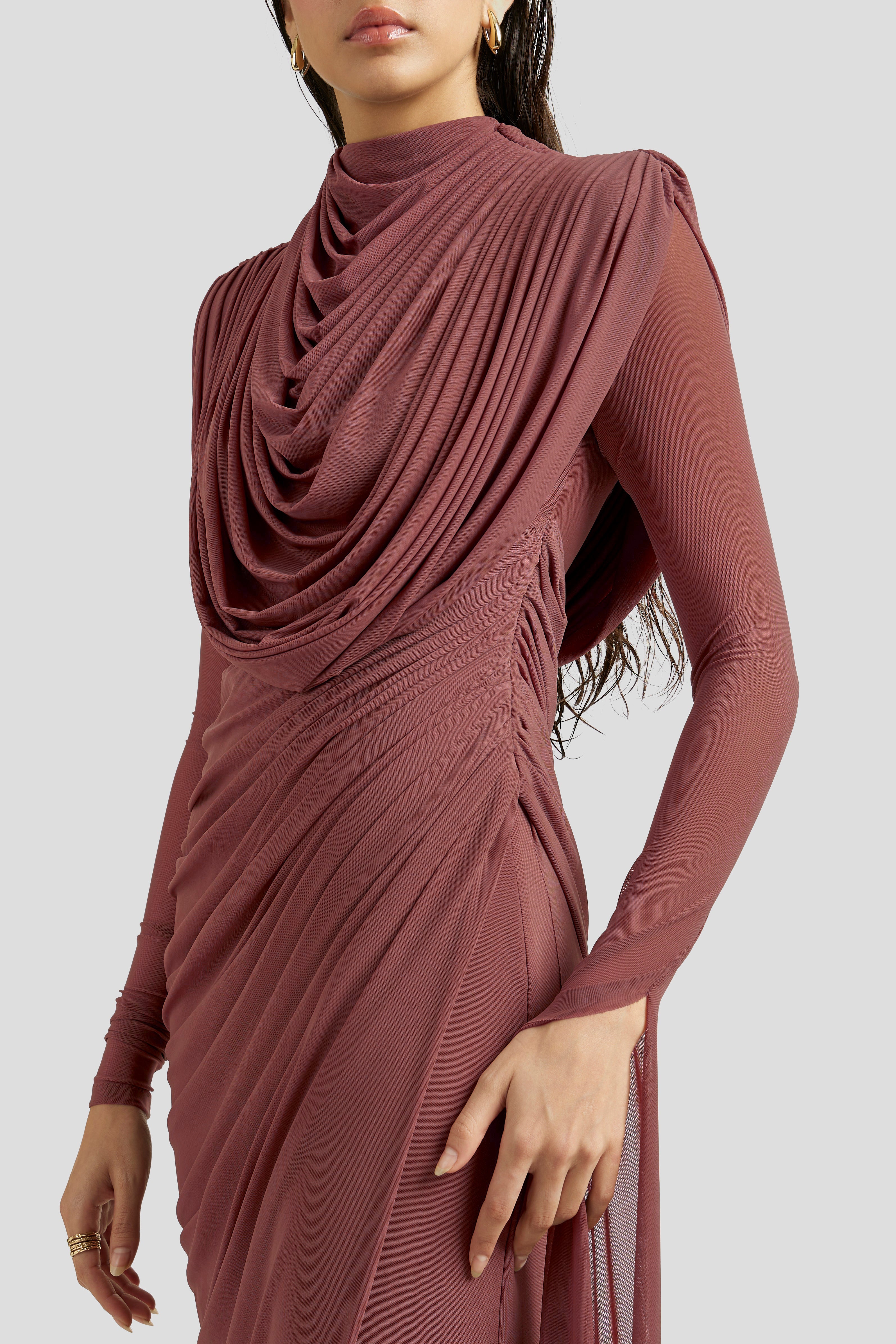 Mesh Gathering Asymmetrical Sleeve Maxi Dress